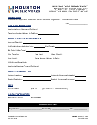 Document preview: Form CE-1230 Application for Placement Permit of Manufactured Home - City of Houston, Texas