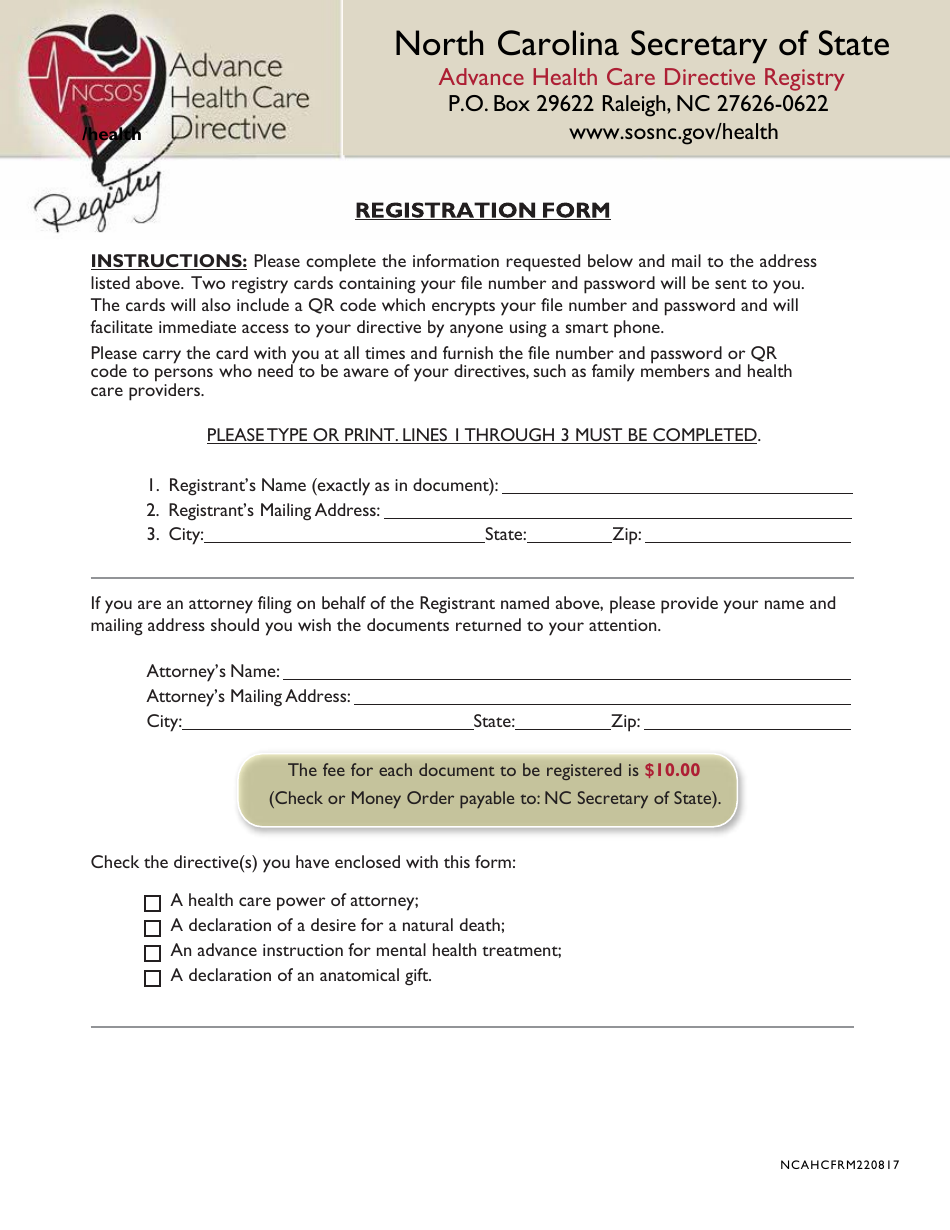 Registration Form - Advance Health Care Directive Registry - North Carolina, Page 1