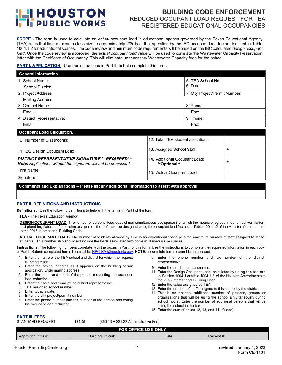 Form CE-1131 Reduced Occupant Load Request for Tea Registered Educational Occupancies - City of Houston, Texas, Page 1