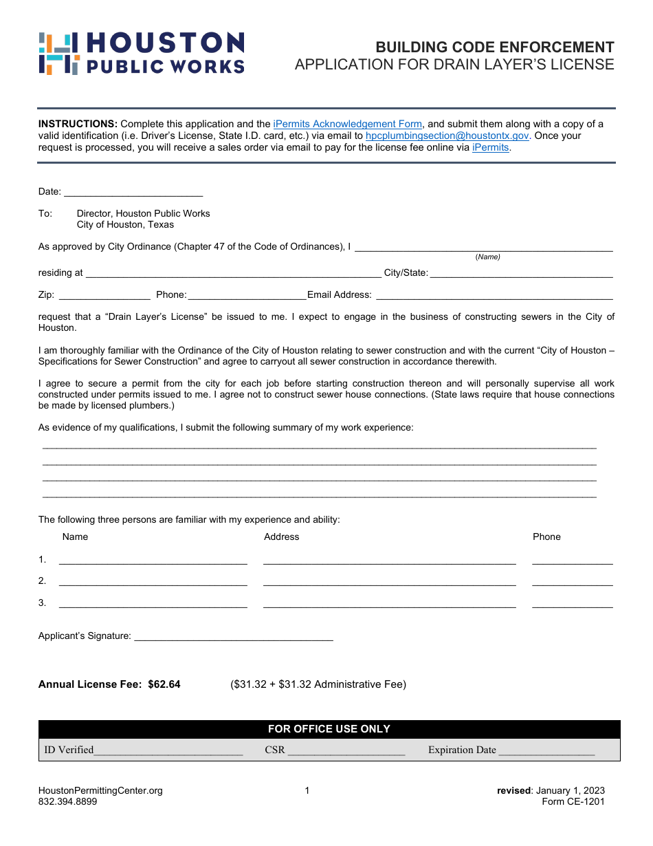 Form CE-1201 Application for Drain Layers License - City of Houston, Texas, Page 1
