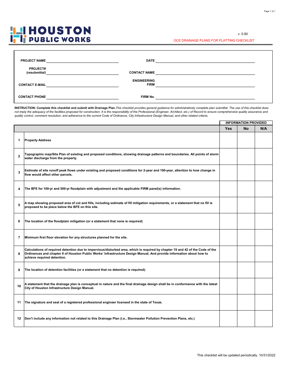 Oce Drainage Plans for Platting Checklist - City of Houston, Texas, Page 1