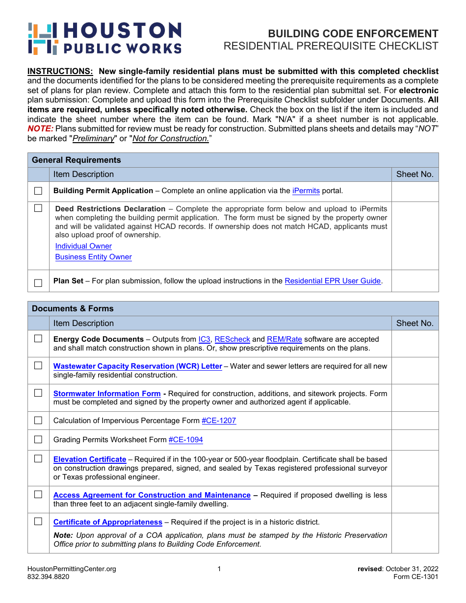 Form CE-1301 Residential Prerequisite Checklist - City of Houston, Texas, Page 1