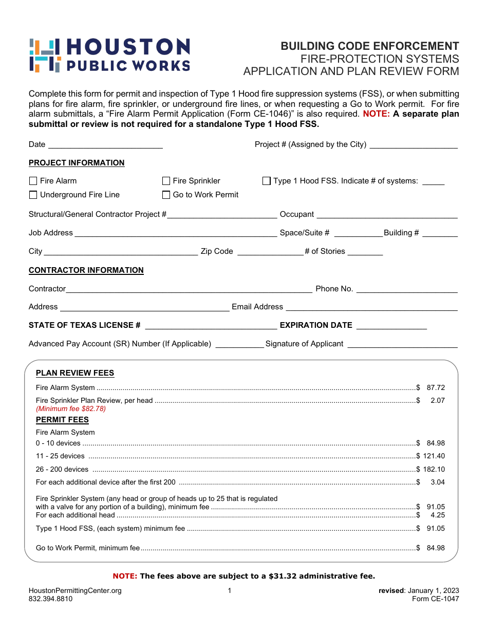 Form CE-1047 Fire-Protection Systems Application and Plan Review Form - City of Houston, Texas, Page 1