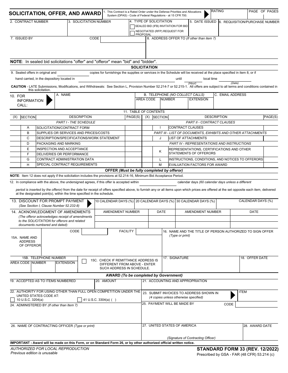 Form SF-33 Solicitation, Offer, and Award, Page 1