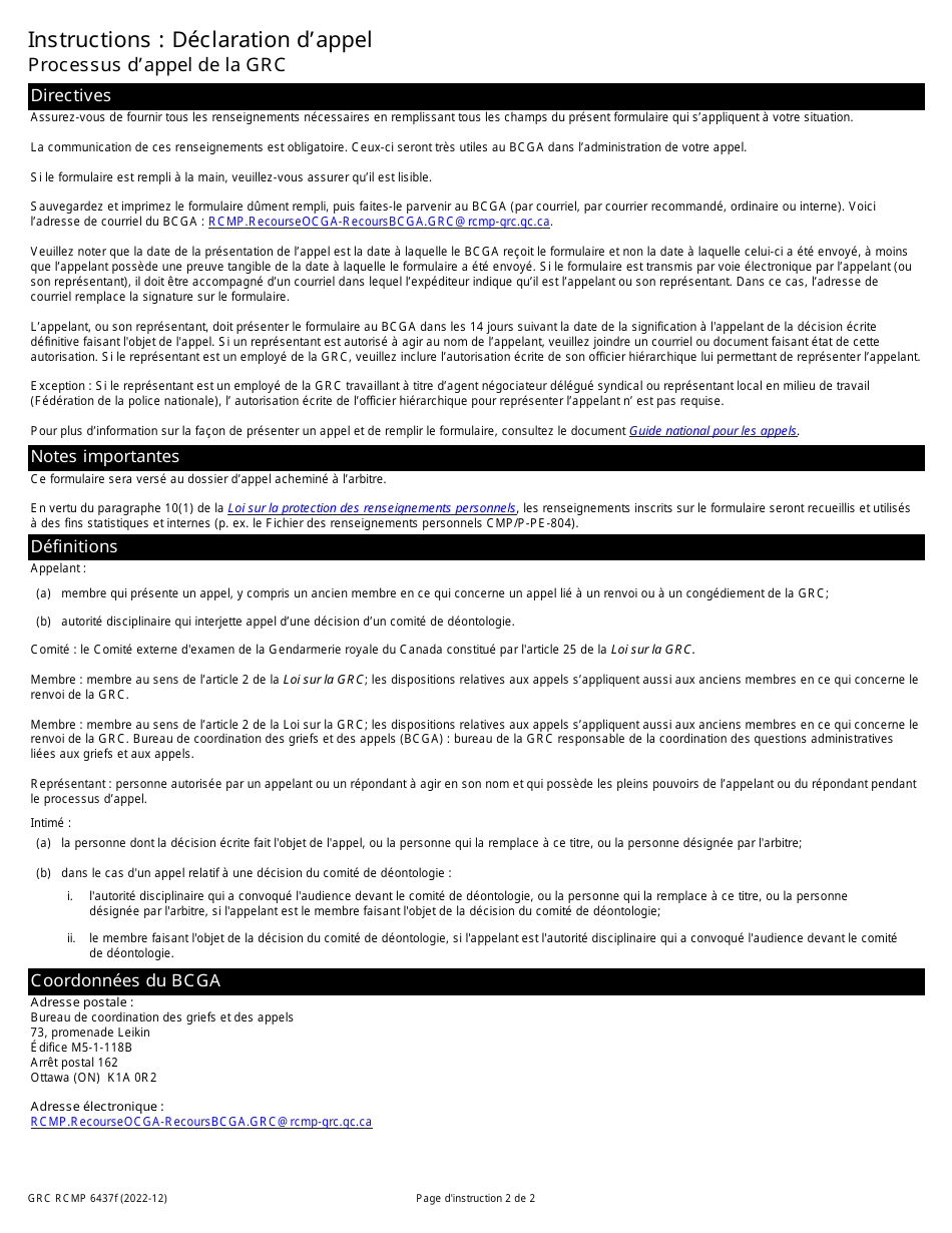 Forme GRC RCMP6437 Declaration Dappel - Processus Dappel De La Grc - Canada (French), Page 2