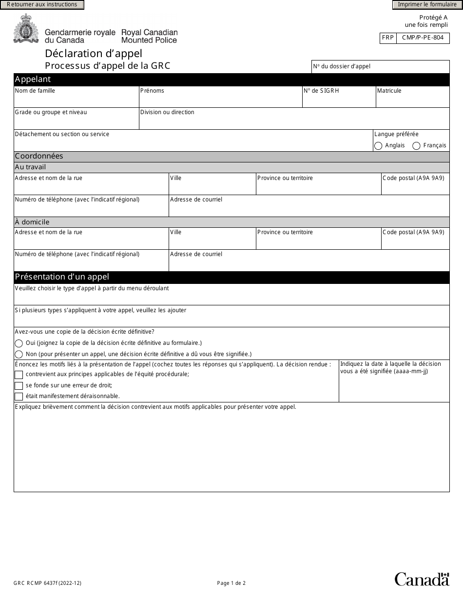 Forme GRC RCMP6437 Declaration Dappel - Processus Dappel De La Grc - Canada (French), Page 3