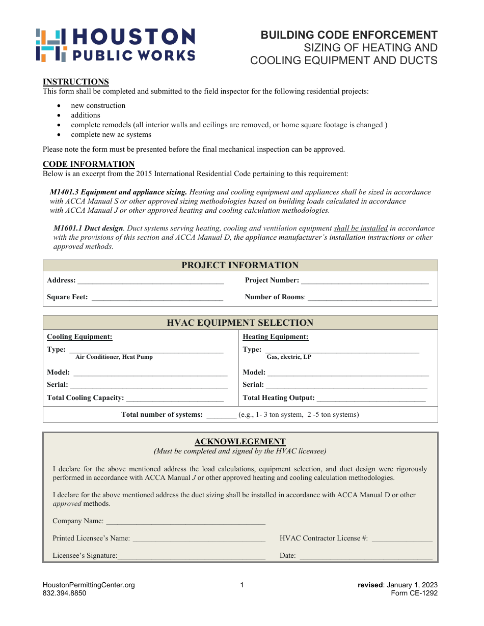 Form CE-1292 Download Fillable PDF or Fill Online Sizing of Heating and ...