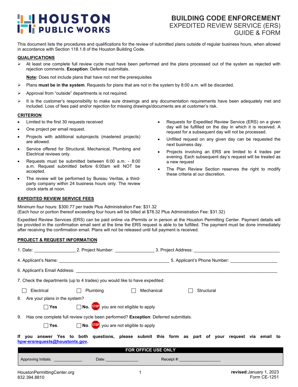 Form CE-1251 Expedited Review Service (Ers) Guide  Form - City of Houston, Texas, Page 1