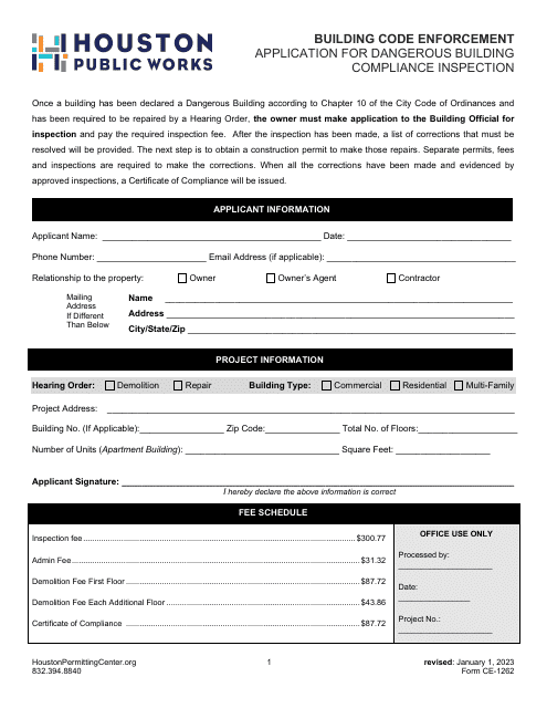 Form CE-1262 Application for Dangerous Building Compliance Inspection - City of Houston, Texas