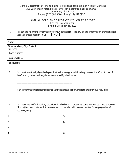 Form L505-0389 Annual Foreign Corporate Fiduciary Report - Illinois, 2022