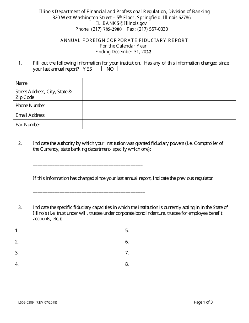 Form L505-0389 Annual Foreign Corporate Fiduciary Report - Illinois, Page 1