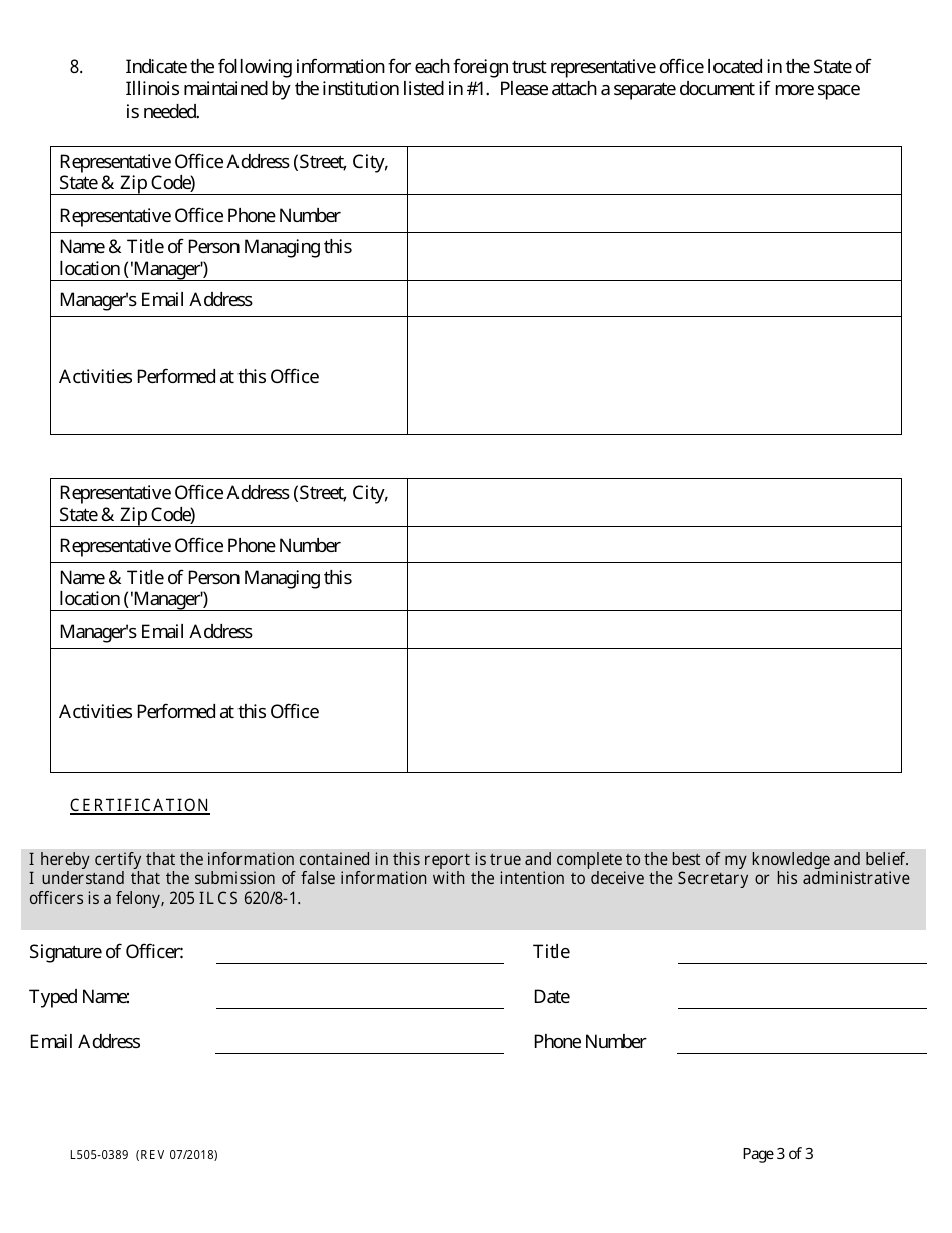 Form L505-0389 Annual Foreign Corporate Fiduciary Report - Illinois, Page 3