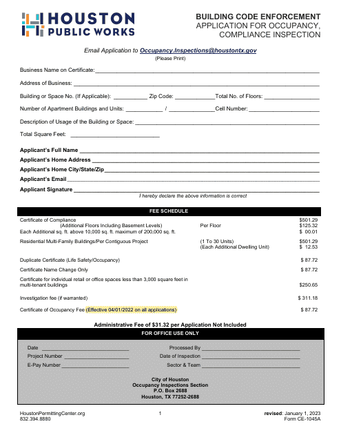 Form CE-1045A Application for Occupancy, Compliance Inspection - City of Houston, Texas