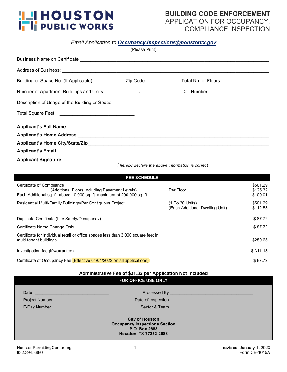 Form CE-1045A Application for Occupancy, Compliance Inspection - City of Houston, Texas, Page 1