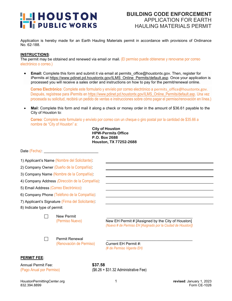 Form CE-1026 Application for Earth Hauling Materials Permit - City of Houston, Texas, Page 1