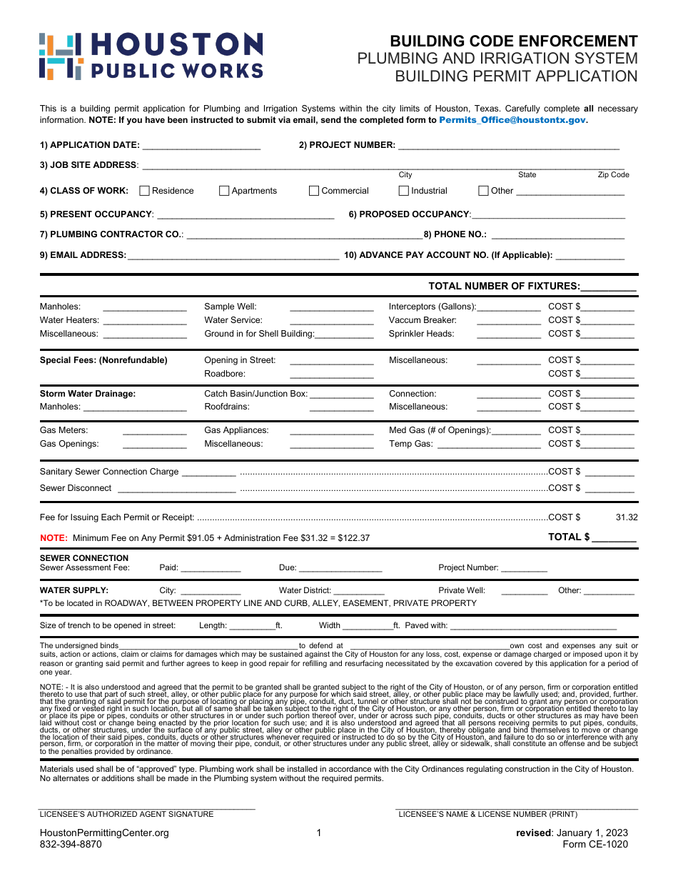 Form CE-1020 Plumbing and Irrigation System Building Permit Application - City of Houston, Texas, Page 1