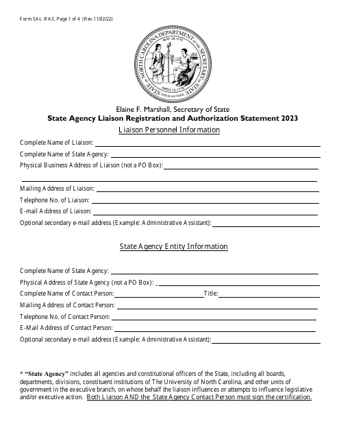 Form SAL-RAS State Agency Liaison Registration and Authorization Statement - North Carolina, 2023