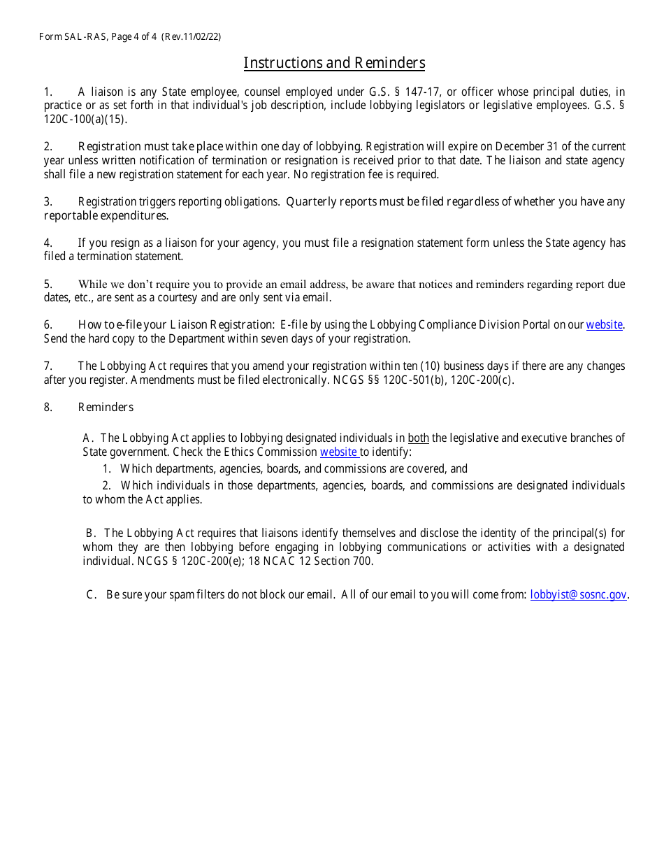Form SAL-RAS State Agency Liaison Registration and Authorization Statement - North Carolina, Page 4
