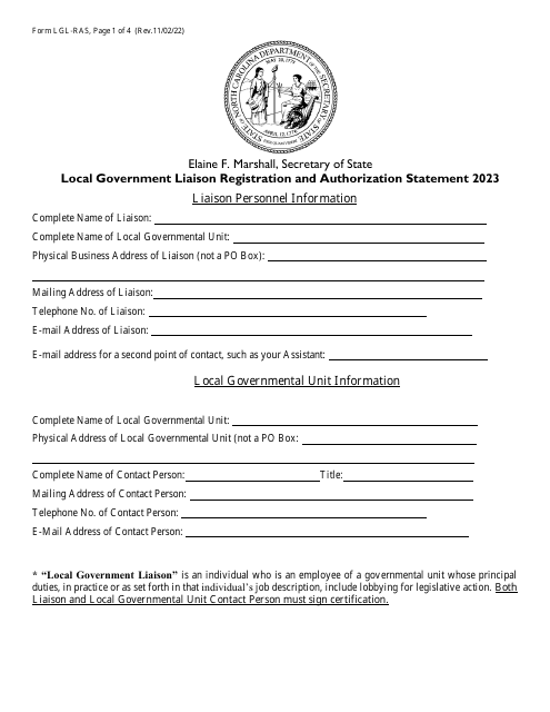 Form LGL-RAS Local Government Liaison Registration and Authorization Statement - North Carolina, 2023