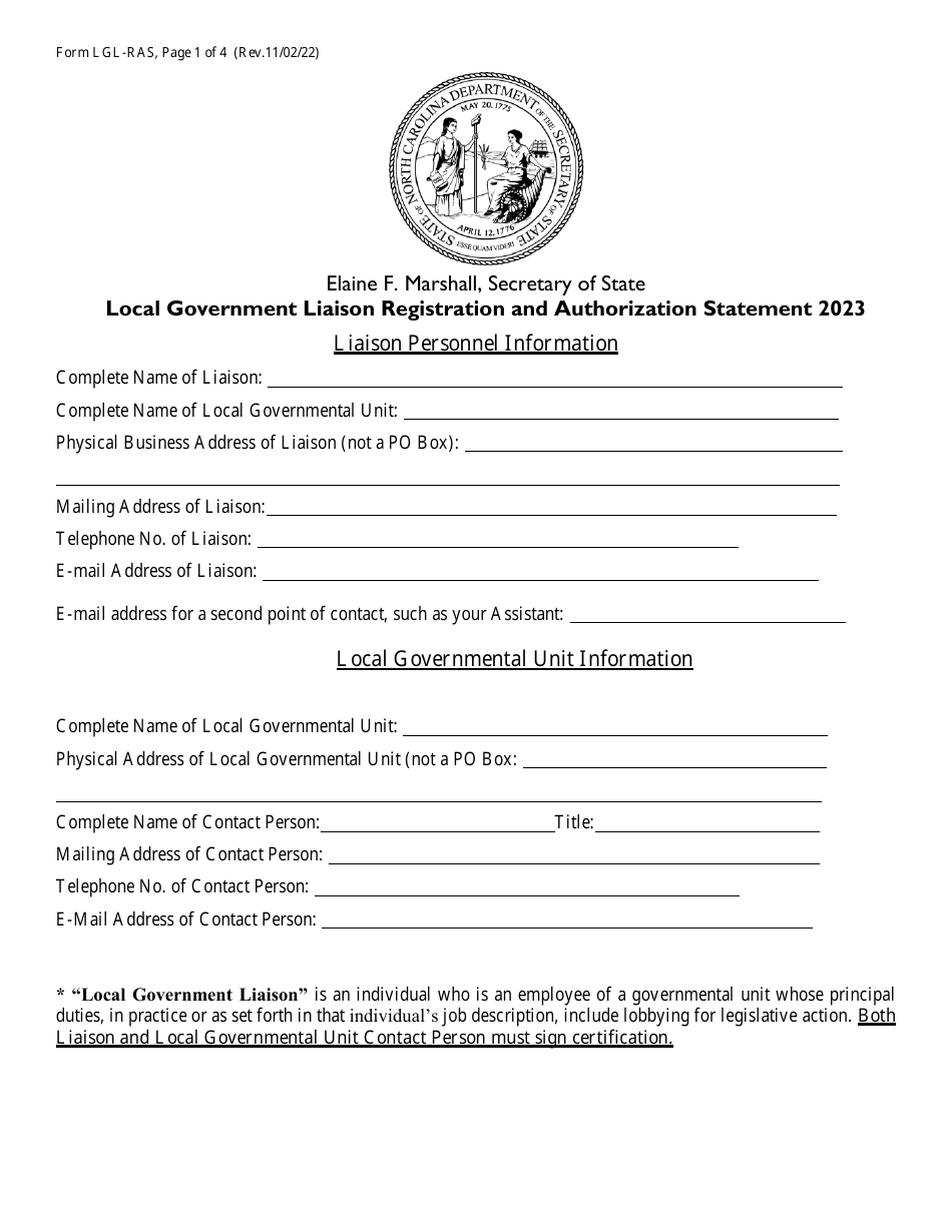Form LGL-RAS Local Government Liaison Registration and Authorization Statement - North Carolina, Page 1