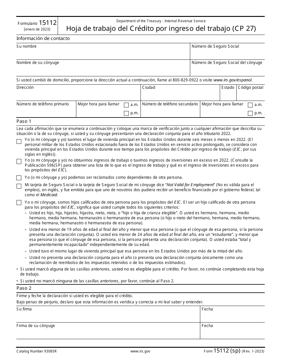 IRS Formulario 15112 (SP) Hoja De Trabajo Del Credito Por Ingreso Del Trabajo (Cp 27) (Spanish), Page 1