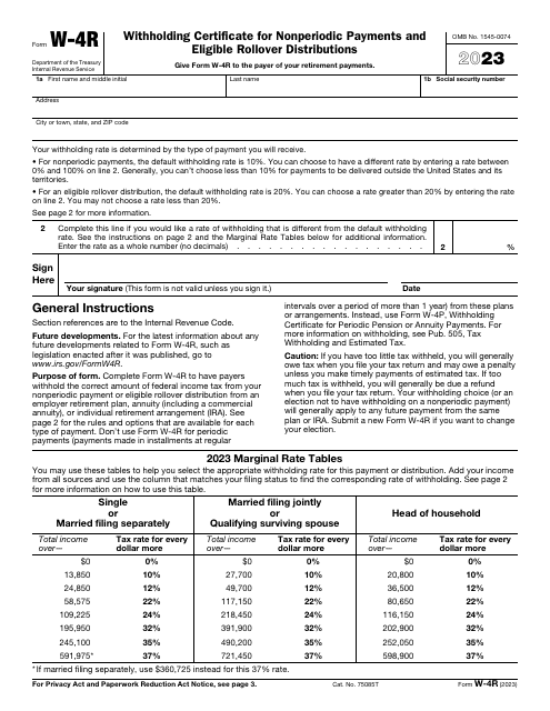 IRS Form W-4R Withholding Certificate for Nonperiodic Payments and Eligible Rollover Distributions, 2023