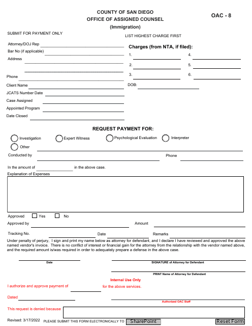 OAC Form 8 Immigration Form - County of San Diego, California