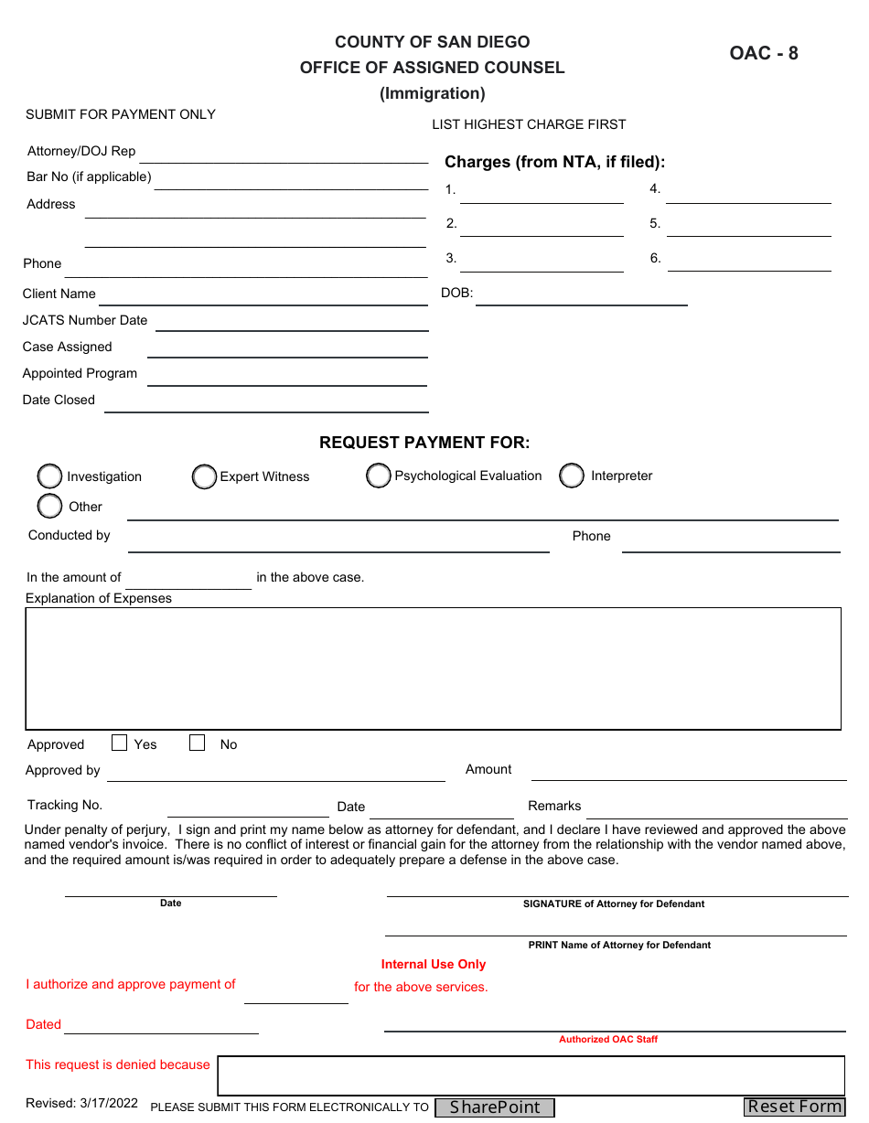 OAC Form 8 Immigration Form - County of San Diego, California, Page 1