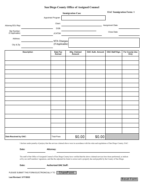 OAC Form 1 Immigration Case - County of San Diego, California