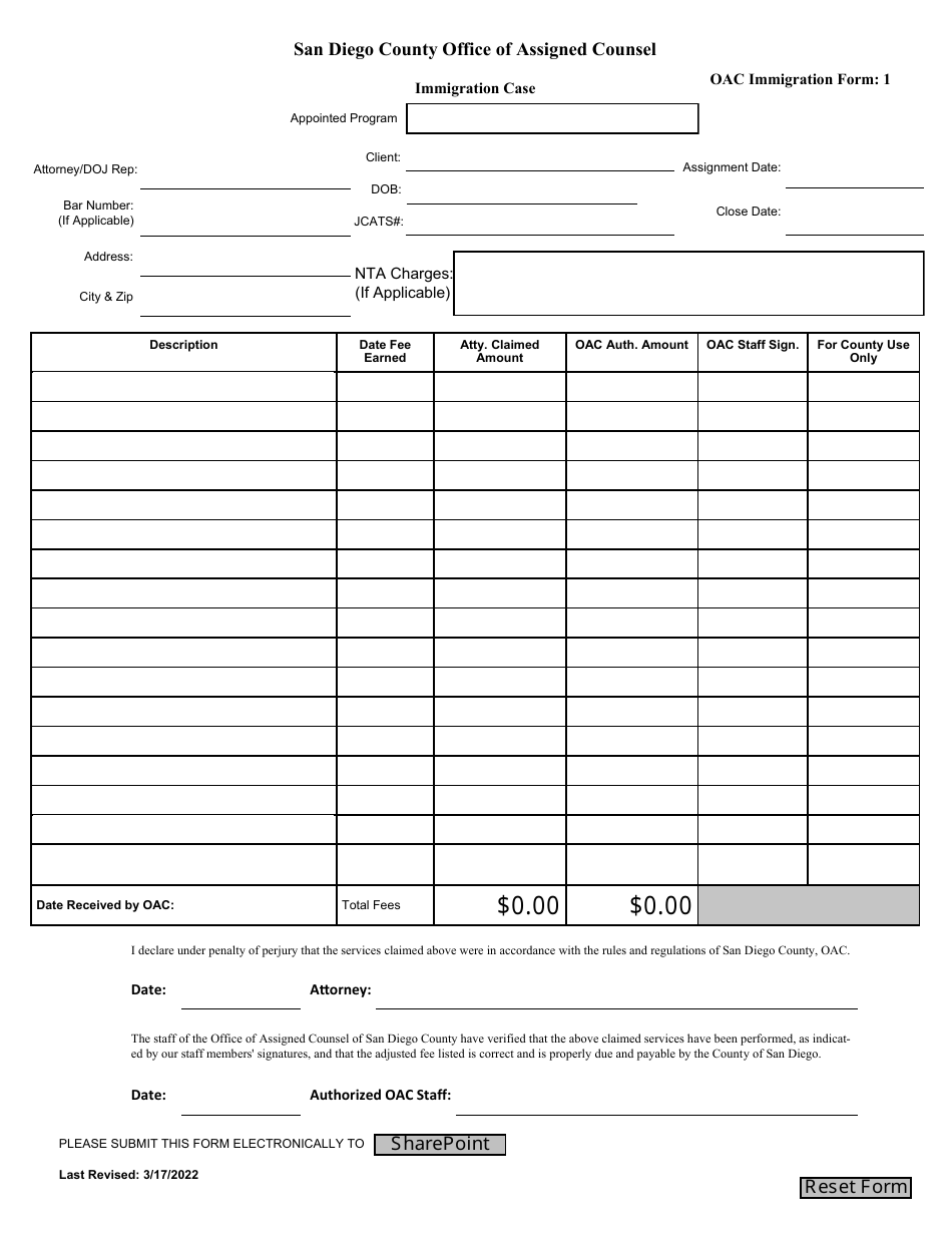 OAC Form 1 Immigration Case - County of San Diego, California, Page 1