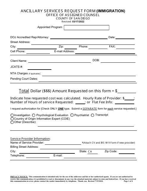 Ancillary Services Request Form (Immigration) - County of San Diego, California Download Pdf