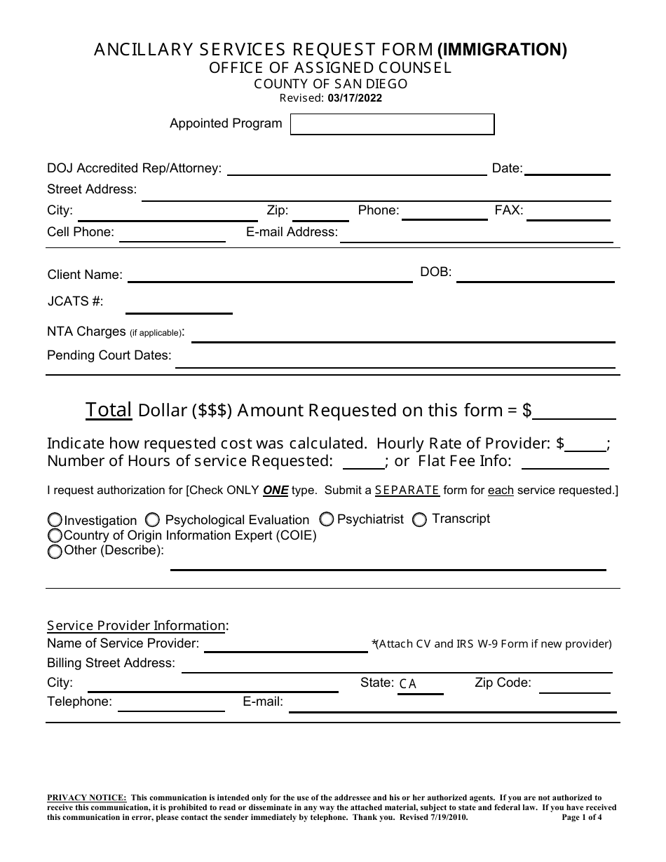 Ancillary Services Request Form (Immigration) - County of San Diego, California, Page 1