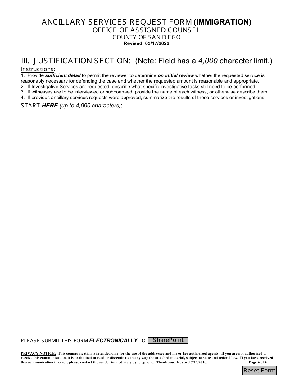 Ancillary Services Request Form (Immigration) - County of San Diego, California, Page 4