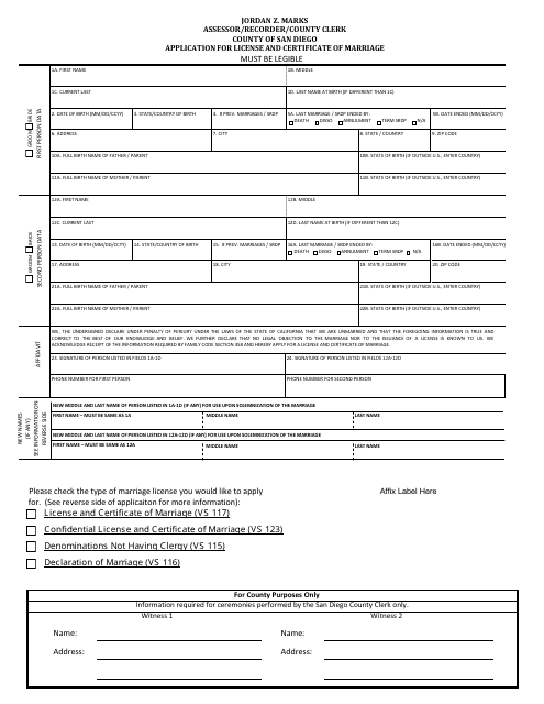 Application for License and Certificate of Marriage - County of San Diego, California Download Pdf