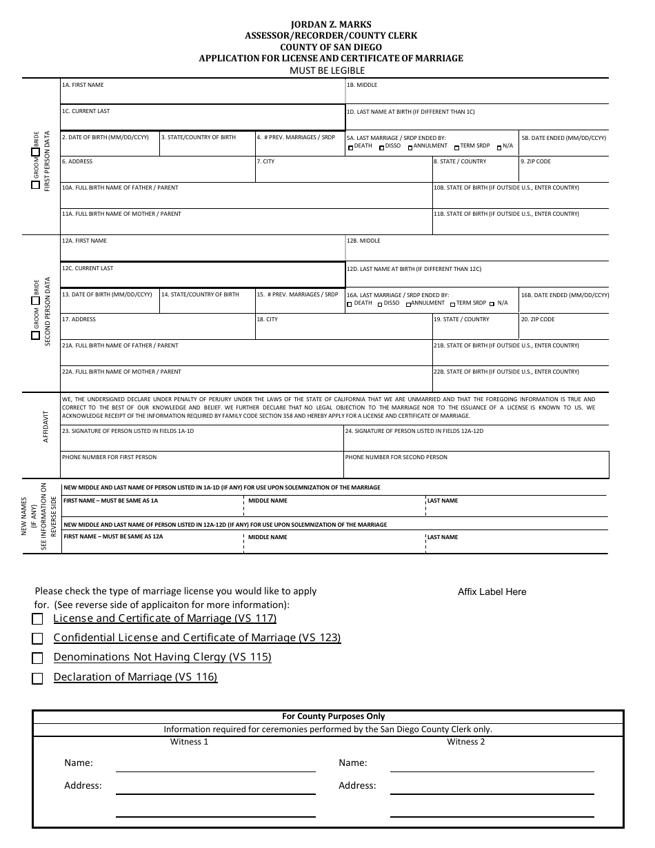 Application for License and Certificate of Marriage - County of San Diego, California, Page 1