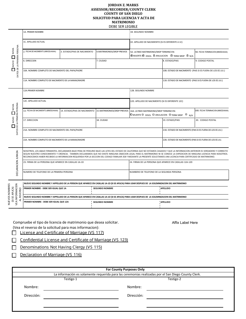 Solicitud Para Licencia Y Acta De Matrimo - County of San Diego, California (Spanish), Page 1