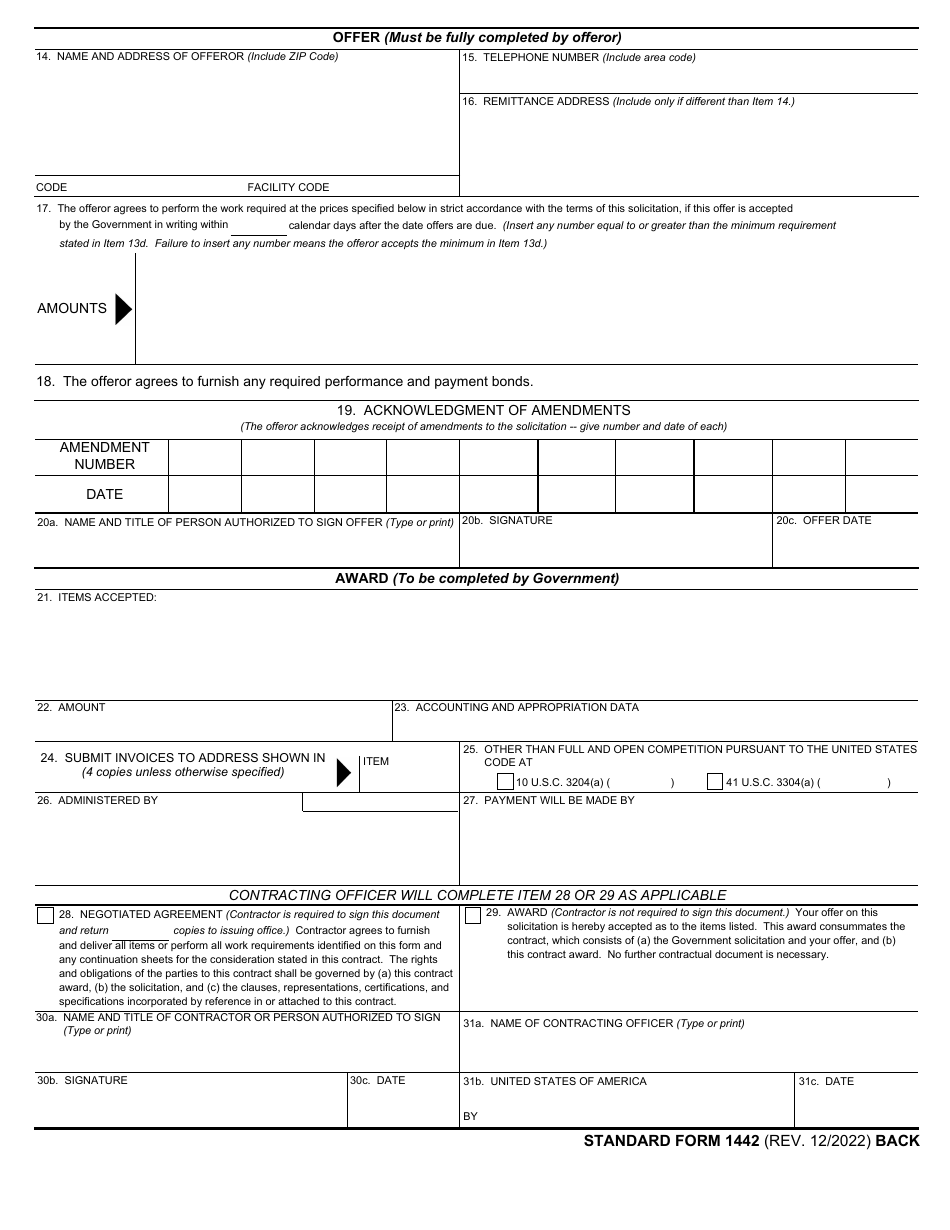 Form SF-1442 Solicitation, Offer, and Award (Construction, Alteration, or Repair), Page 2