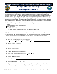 Change of Food Facility Owner Questionnaire - County of San Diego, California