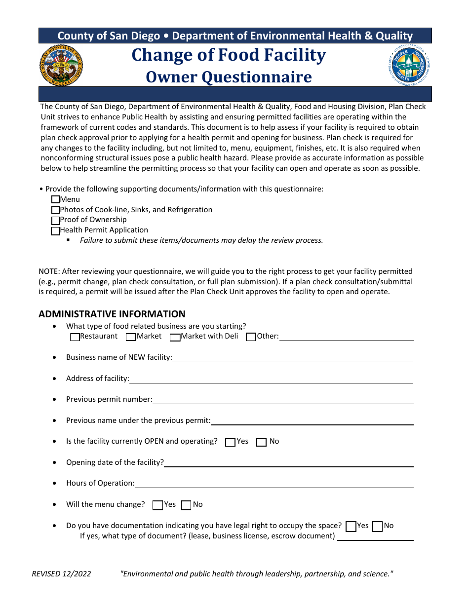 Change of Food Facility Owner Questionnaire - County of San Diego, California, Page 1