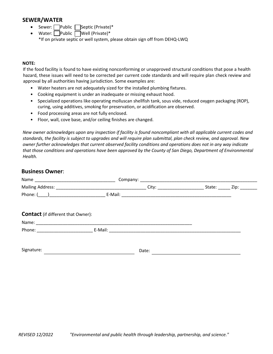 Change of Food Facility Owner Questionnaire - County of San Diego, California, Page 3