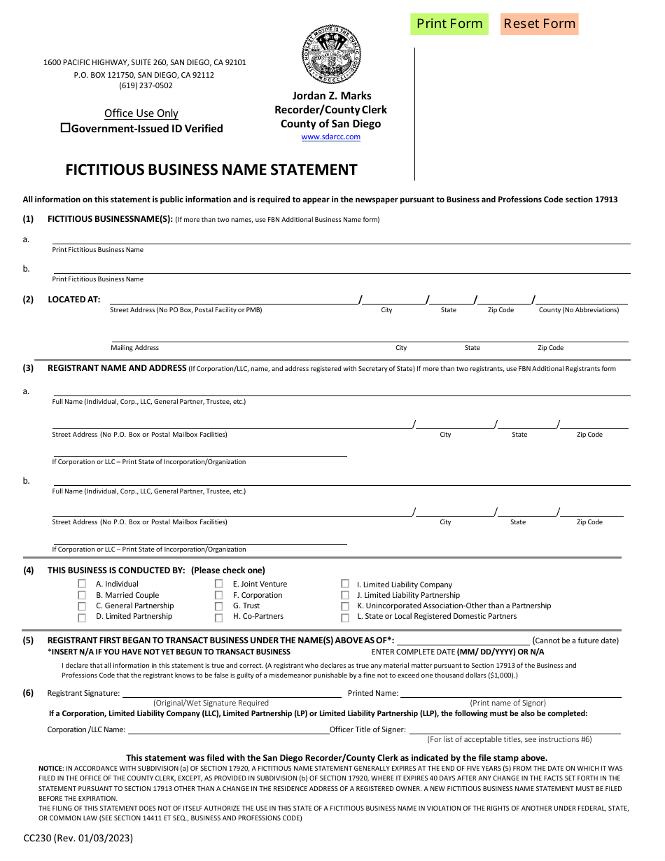 Form CC230 Fictitious Business Name Statement - County of San Diego, California, Page 2