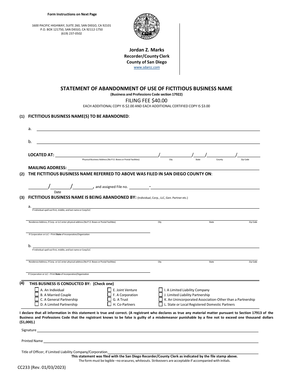 Form CC233 Statement of Abandonment of Use of Fictitious Business Name - County of San Diego, California, Page 1