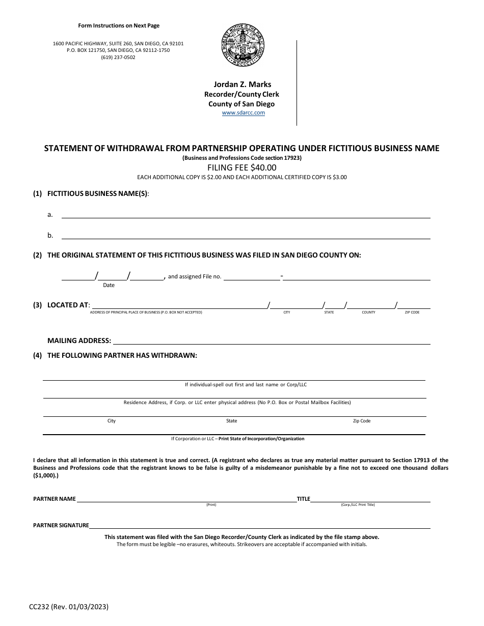 Form CC232 Statement of Withdrawal From Partnership Operating Under Fictitious Business Name - County of San Diego, California, Page 1
