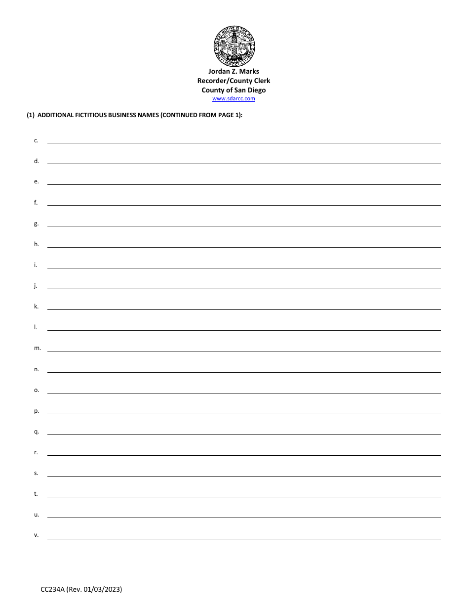 Form CC234A Additional Fictitious Business Names - County of San Diego, California, Page 1