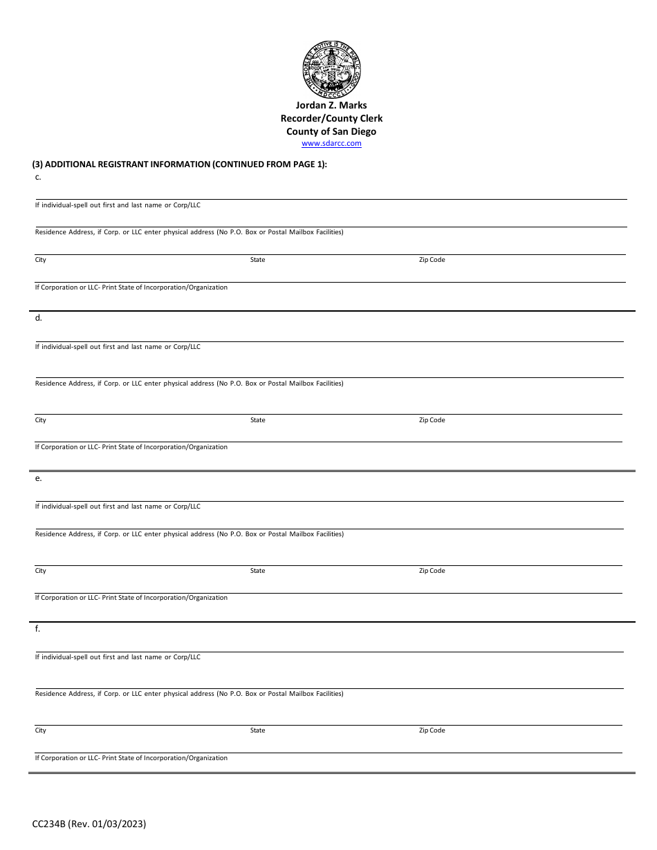 Form CC234B Additional Registrant Information - County of San Diego, California, Page 1