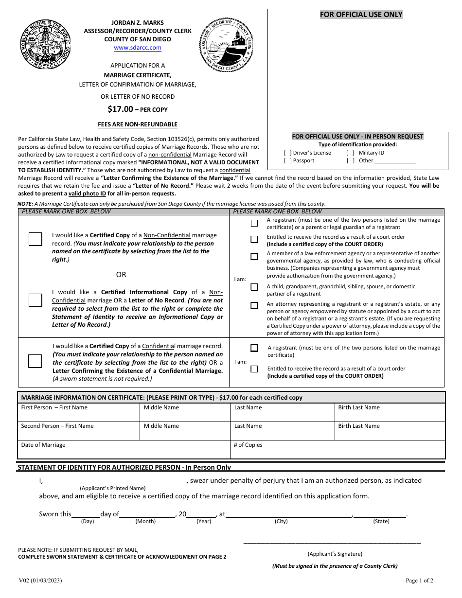Form V02 - Fill Out, Sign Online and Download Fillable PDF, County of San Diego, California ...