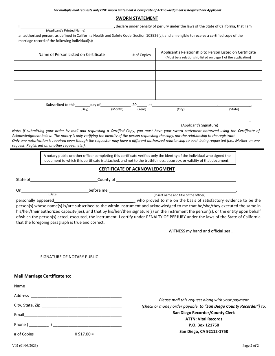 Form V02 Application for a Marriage Certificate, Letter of Confirmation of Marriage, or Letter of No Record - County of San Diego, California, Page 2