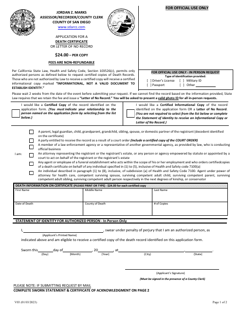 Form V03 Download Fillable PDF or Fill Online Application for a Death