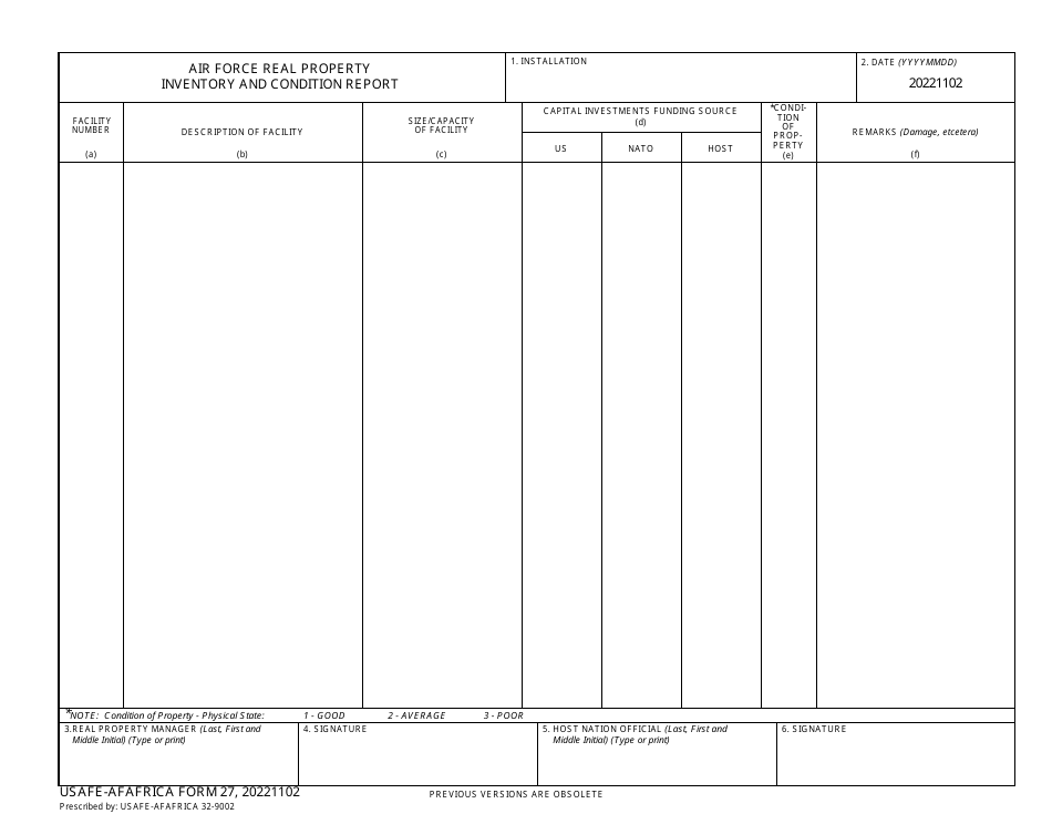 USAFE-AFAFRICA Form 27 Air Force Real Property Inventory and Condition Report, Page 1