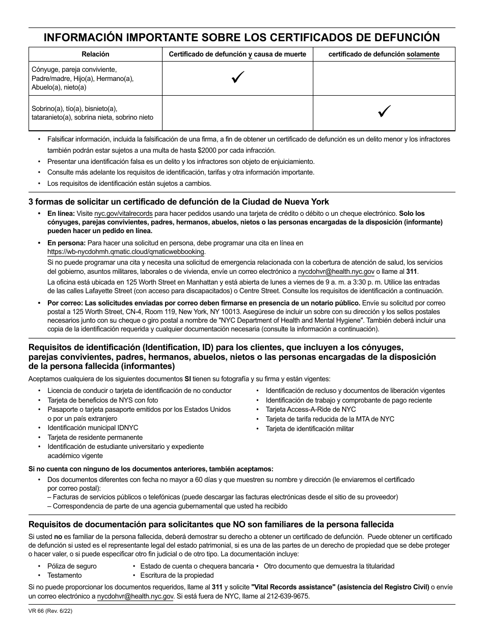 Formulario VR66 Solicitud De Certificado De Defuncion - New York City (Spanish), Page 2